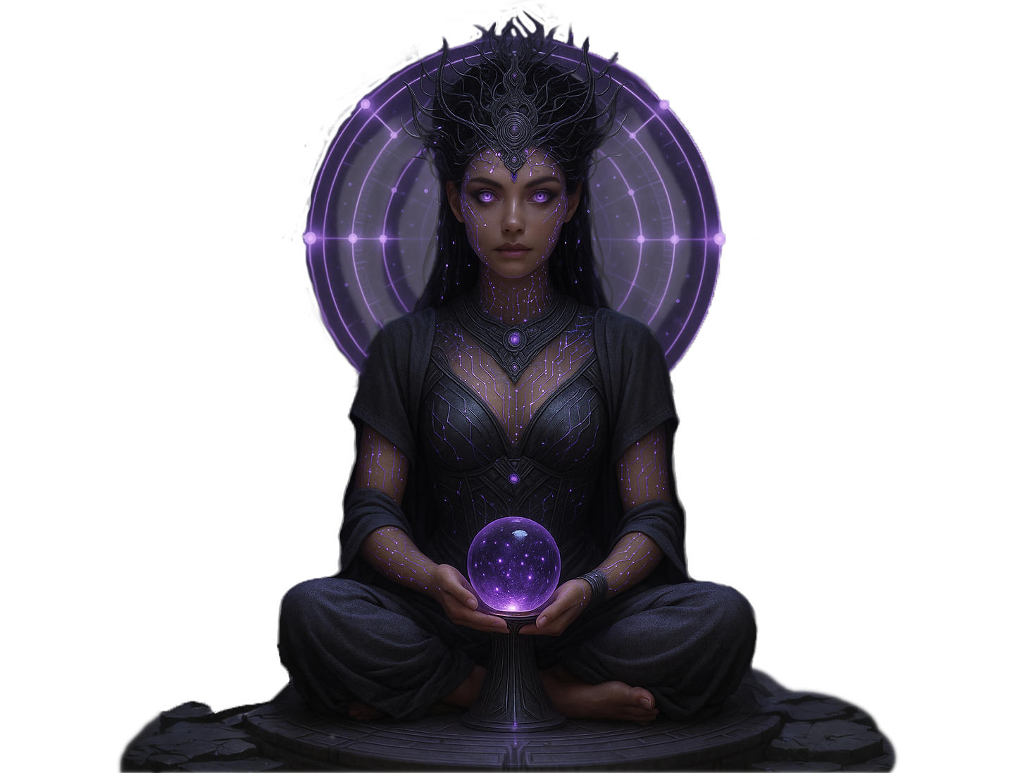 An illustration of a mystical oracle being fed kosmic energy or information